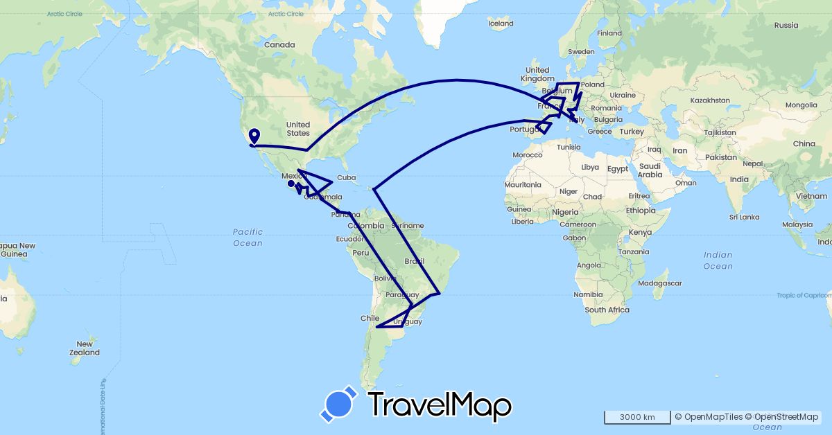 TravelMap itinerary: driving in Argentina, Belgium, Brazil, Costa Rica, Czech Republic, Germany, Dominican Republic, Spain, France, Guatemala, Italy, Mexico, Netherlands, Panama, United States, Vatican City (Europe, North America, South America)
